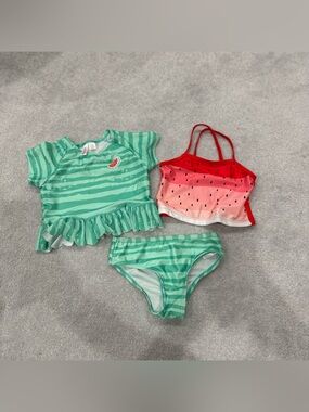 Wippette Girls Watermelon Stripe Bikini Set in Mint Green and Red